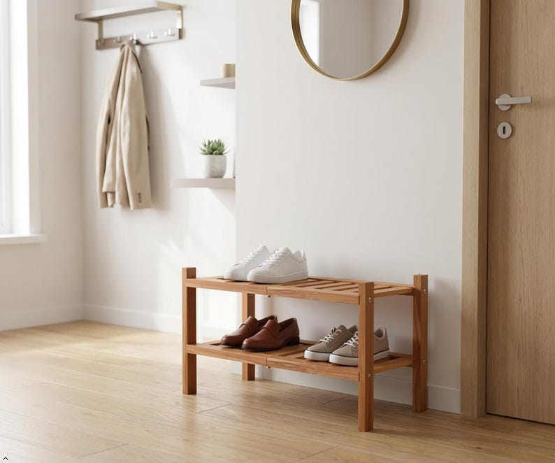 Puede incluir: Un zapatero de madera de dos niveles con varios pares de zapatos. En la balda superior hay zapatillas blancas, mientras que en la inferior se ven zapatos de cuero marr&oacute;n y zapatillas de lona grises. Un perchero y un espejo son visibles.