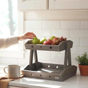 Fruit Basket — 2-Tier Rustic Acacia Wood Organizer – Rustic Kitchen Storage Stand