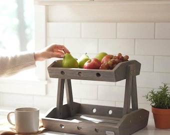 Cesta de frutas — Organizador rústico de madera de acacia de 2 niveles – Soporte de almacenamiento rústico para cocina