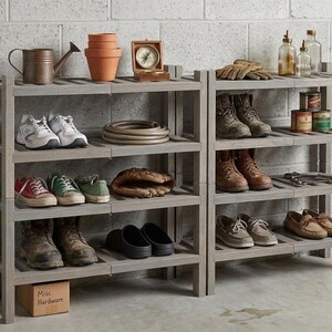 Puede incluir: Dos estanter&iacute;as de madera gris llenas de varios objetos. Las estanter&iacute;as contienen zapatos, botas, herramientas de jardiner&iacute;a y otros art&iacute;culos de ferreter&iacute;a. Una peque&ntilde;a caja de cart&oacute;n con la etiqueta "Misc Hardware" se encuentra en la balda inferior.