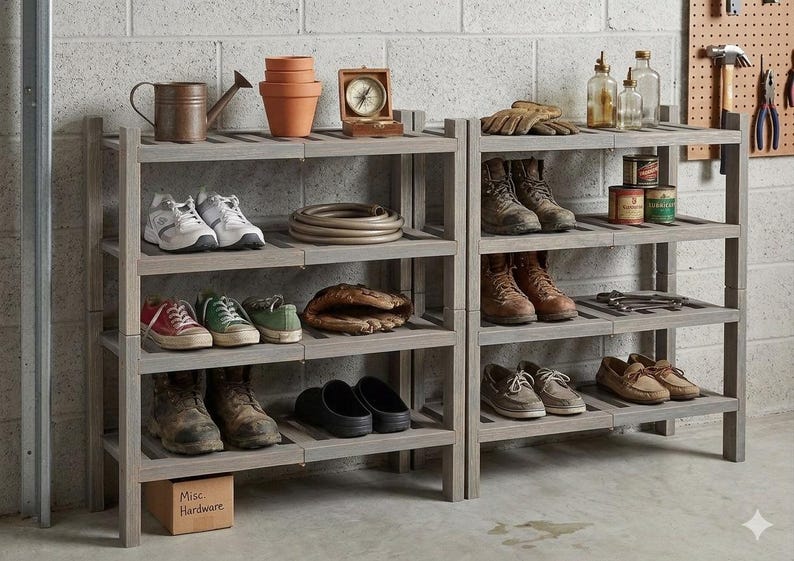 Puede incluir: Dos estanter&iacute;as de madera gris llenas de varios objetos. Las estanter&iacute;as contienen zapatos, botas, herramientas de jardiner&iacute;a y otros art&iacute;culos de ferreter&iacute;a. Una peque&ntilde;a caja de cart&oacute;n con la etiqueta "Misc Hardware" se encuentra en la balda inferior.