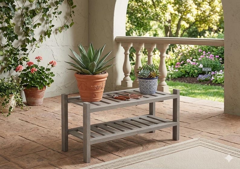 Puede incluir: Un banco de madera gris de dos niveles con una planta suculenta en maceta y unas tijeras de podar. Una gran planta de agave en maceta se encuentra en el banco. Otras plantas en maceta y un jard&iacute;n est&aacute;n en el fondo.