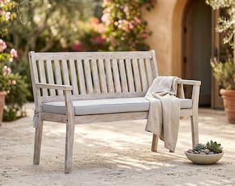 Bench 2-Seater, Acacia Rustic Brush White And hight Quality Olefin Cushion.
