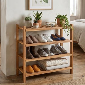 Puede incluir: Un zapatero de madera de cuatro niveles, que muestra varios zapatos, botas y zapatillas deportivas. El estante tambi&eacute;n contiene mantas dobladas y plantas en macetas. El estante es de madera marr&oacute;n claro y est&aacute; contra una pared blanca.