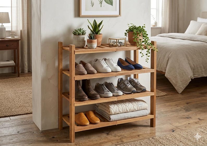 Puede incluir: Un zapatero de madera de cuatro niveles, que muestra varios zapatos, botas y zapatillas deportivas. El estante tambi&eacute;n contiene mantas dobladas y plantas en macetas. El estante es de madera marr&oacute;n claro y est&aacute; contra una pared blanca.