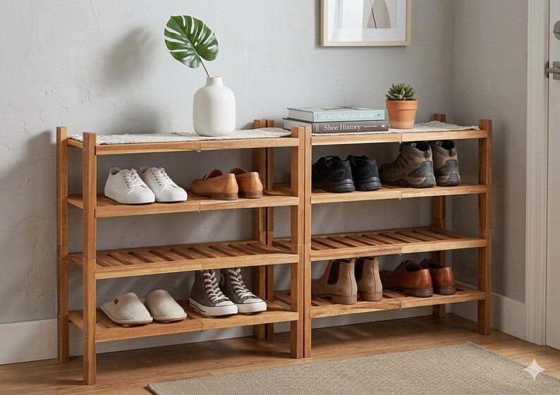 Puede incluir: Zapatero de madera con tres estantes, que muestra varios zapatos. El estante es de madera de color marr&oacute;n claro y tiene un dise&ntilde;o de listones. Un jarr&oacute;n blanco con una hoja verde y una peque&ntilde;a planta en maceta est&aacute;n encima.