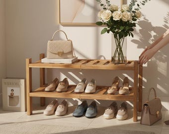 2-Tier Shoe Rack, Stackable Plant Stand Organizer, Solid Acacia Wood