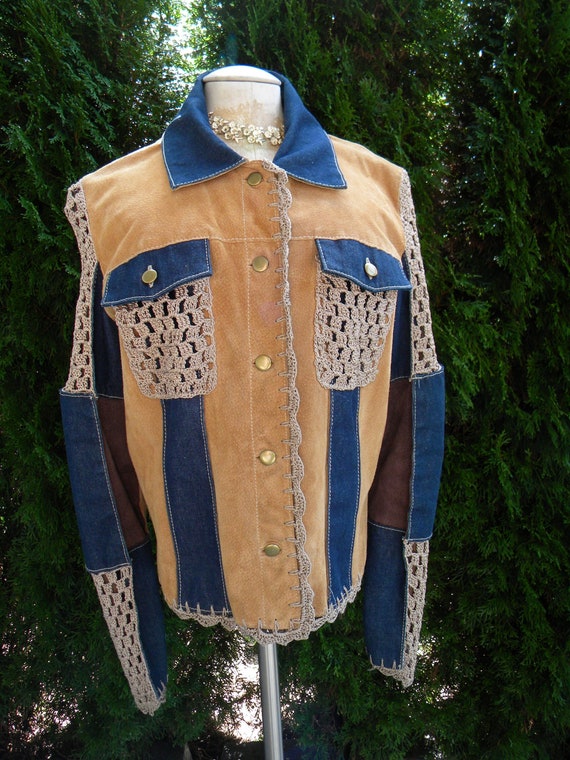 Fantastic Camel Suede Denim and Crochet jacket / C