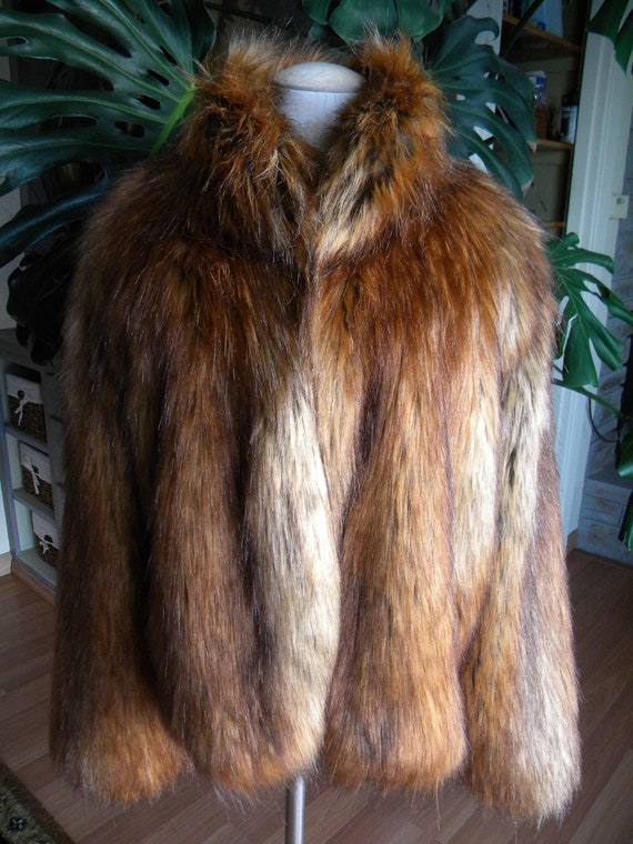 Awesome Shaggy Faux Fox Fur Coat / Jacket / Red /