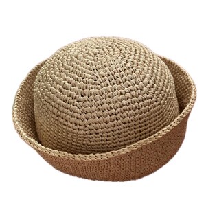 Virkad raffia sjömanshatt storlek 56 cm, halm sjömansmössa, kaki dockerhatt för kvinnor, handvävd kustnära mormors solmössa, boho bretonsk hatt present till henne