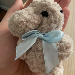 Może przedstawiać: Mały, pluszowy piesek w jasnobeżowym kolorze, o puszystej fakturze. Ma czarne guziczkowe oczy i jasnoniebieską satynową wstążkę zawiązaną w kokardę wokół szyi. Zabawka trzymana jest w dłoni.