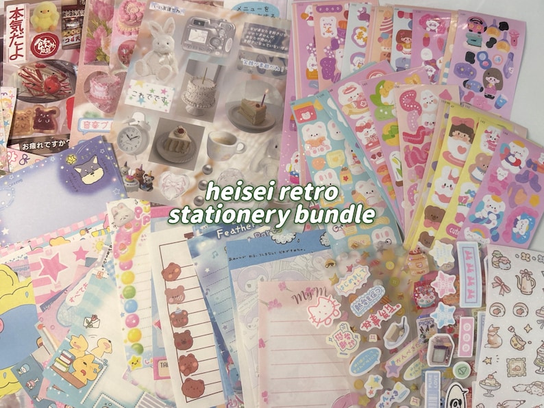 May include: A selection of colourful stationery items, including stickers, notepads, and decorative papers. The bundle features a variety of designs, such as cute animals, cakes, and Japanese text. The text "heisei retro stationery bundle" is visible.
