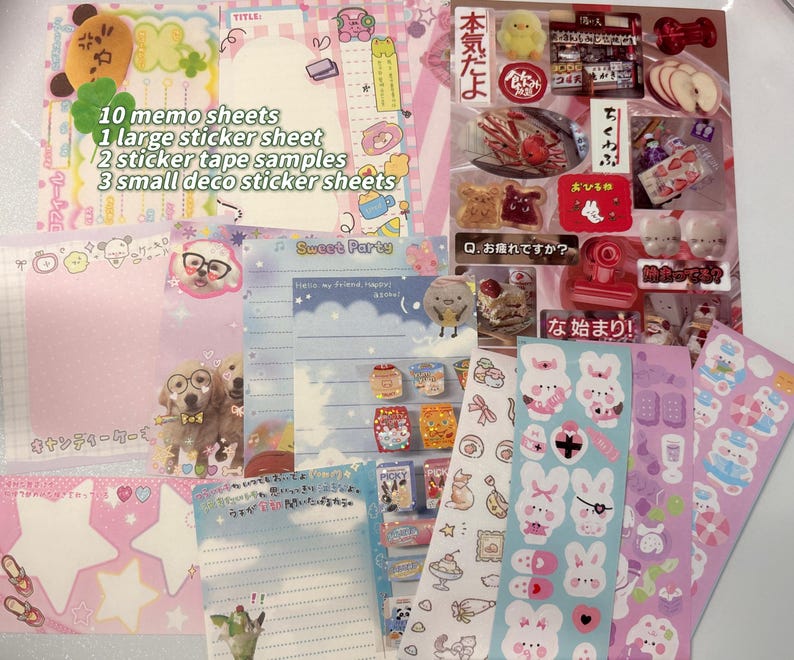 May include: A selection of stationery items, including memo sheets, sticker sheets, and sticker tape samples. The items feature a variety of cute illustrations and text, with a pink and pastel colour scheme. The text on the image includes "10 memo sheets", "Sweet Party", and Japanese text.