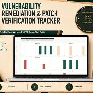 Op de afbeelding: Een laptopscherm met een dashboard voor het volgen van kwetsbaarheidsherstel en patchverificatie met staafdiagrammen, inclusief de tekst Editable Excel Workbook + PDF Quick-Start Guide en Track fixes through verification.