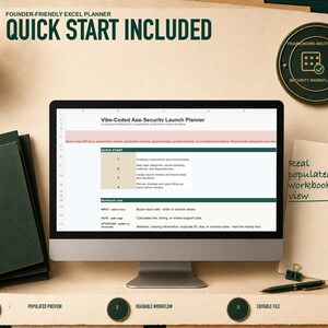 Quick start included shown as a real worksheet preview from the Vibe-Coded App Security Launch Planner workbook, with fictional records and visible workflow structure.