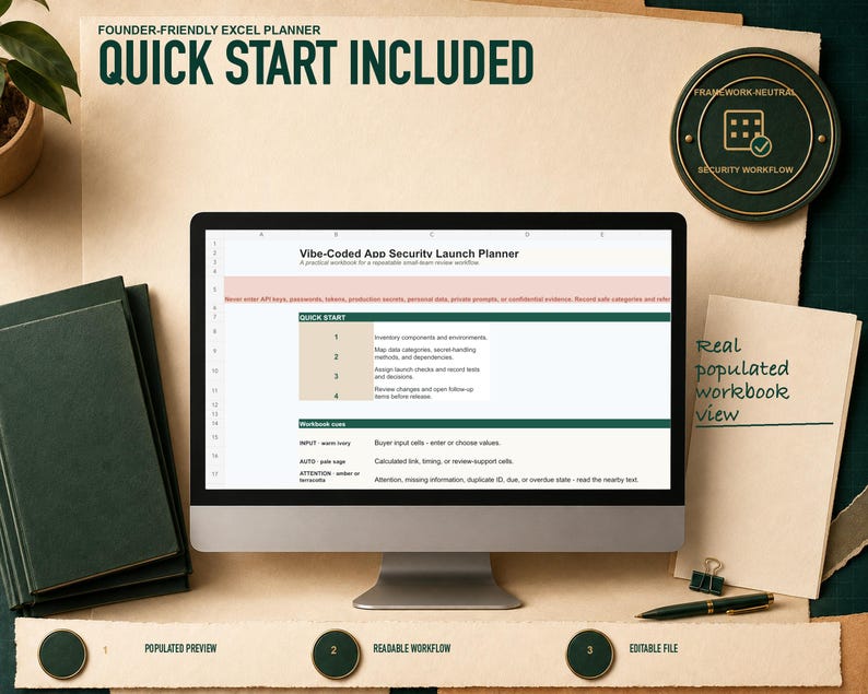 Quick start included shown as a real worksheet preview from the Vibe-Coded App Security Launch Planner workbook, with fictional records and visible workflow structure.