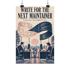 May include: A poster featuring the text "WRITE FOR THE NEXT MAINTAINER Tomorrow, that might be you." Above two people working at desks, a large ribbon displays a flowchart on one side and lines of computer code on the other in muted tones.