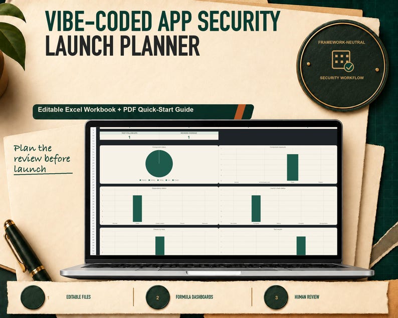 Vibe-Coded App Security Launch Planner displayed in a photorealistic parchment desk mockup with a large real dashboard using fictional example data.