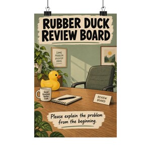 May include: A poster titled RUBBER DUCK REVIEW BOARD featuring an office desk with a yellow rubber duck, a mug labeled Good Questions Better Code, a notebook with a pen, and a sign reading REVIEW BOARD. Text at the bottom reads Please explain the problem from the beginning.