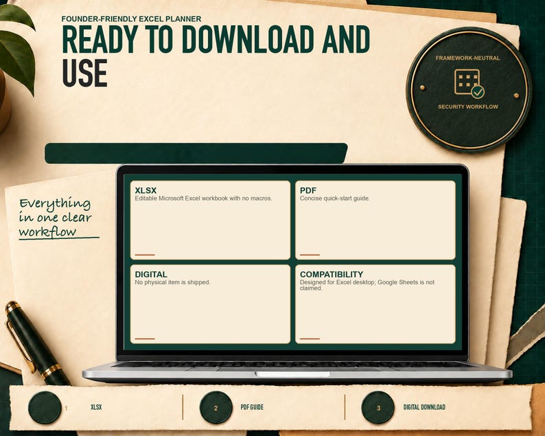 Digital delivery details for Vibe-Coded App Security Launch Planner: editable XLSX, PDF guide, no physical shipment, and Excel desktop compatibility.