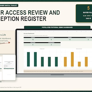 May include: A digital toolkit titled User Access Review and Exception Register featuring a laptop screen displaying a dashboard with bar charts, numerical data, and summary tables. Includes five buyer files in XLSX, DOCX, and PDF formats.