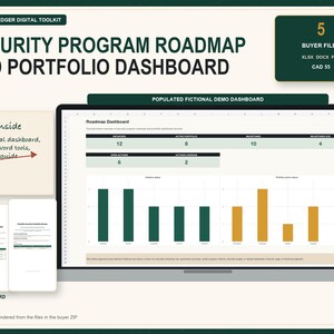 May include: A digital toolkit titled Security Program Roadmap and Portfolio Dashboard featuring a laptop screen displaying a populated fictional demo dashboard with bar charts, metrics, and two editable Word document previews with text.