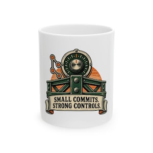 May include: A white ceramic mug featuring a graphic illustration of a dark green industrial control panel with a central dial, orange sunburst background, and a banner with the text: SMALL COMMITS. STRONG CONTROLS. The design includes a small circuit-like icon.