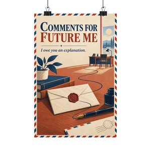 Op de afbeelding: Een poster met een rood-blauwe luchtpostrand met de tekst "COMMENTS FOR FUTURE ME" en "I owe you an explanation." De illustratie toont een bureau, een kamerplant, gestapelde boeken, een envelop met een waszegel en een vulpen.