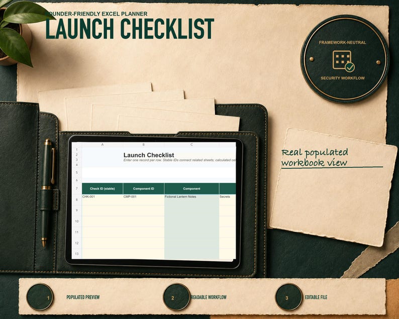 Launch checklist shown as a real worksheet preview from the Vibe-Coded App Security Launch Planner workbook, with fictional records and visible workflow structure.
