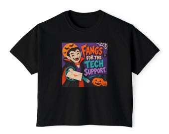 Fangs For The Tech Support | Comfort Colors Boxy Tee | Halloween IT Humor