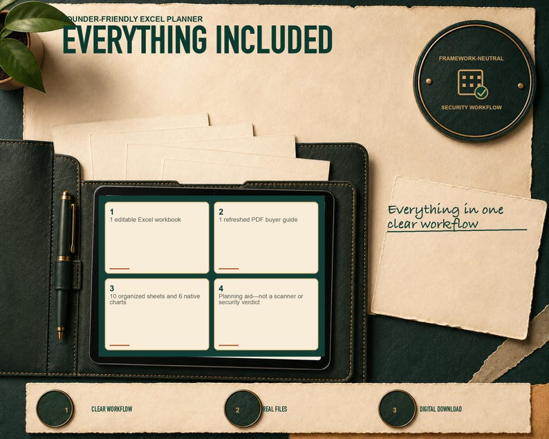 Package contents shown: 1 editable Excel workbook; 1 refreshed PDF buyer guide; 10 organized sheets and 6 native charts; Planning aid—not a scanner or security verdict.