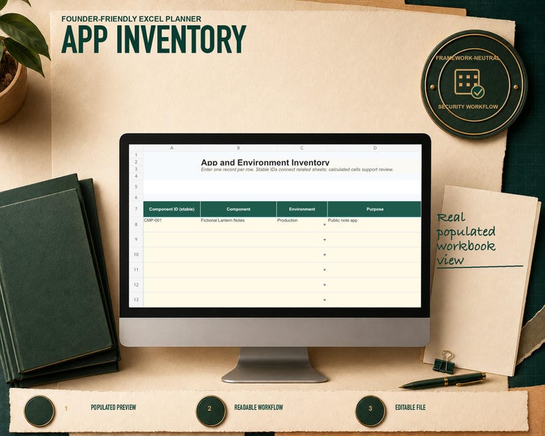 App inventory shown as a real worksheet preview from the Vibe-Coded App Security Launch Planner workbook, with fictional records and visible workflow structure.
