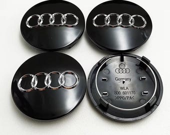 Tapacubos centrales para ruedas Audi: emblemas negros y grises, 68 mm, juego de 4