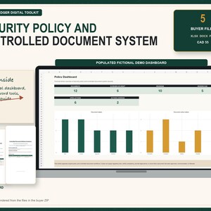 May include: A digital toolkit titled Security Policy and Controlled Document System featuring a laptop displaying a policy dashboard with bar charts, five buyer files in XLSX, DOCX, and PDF formats, and editable Word documents with a look inside note.