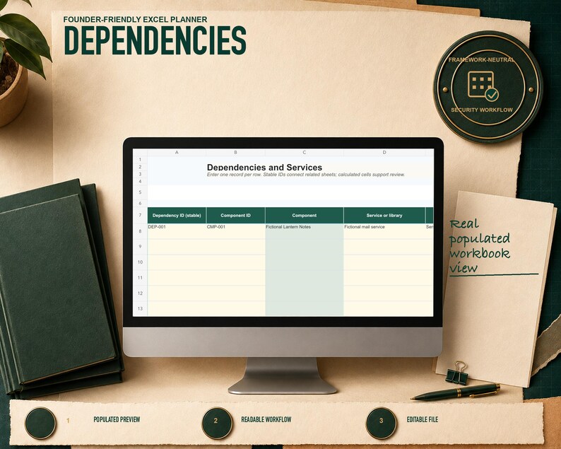 Dependencies shown as a real worksheet preview from the Vibe-Coded App Security Launch Planner workbook, with fictional records and visible workflow structure.