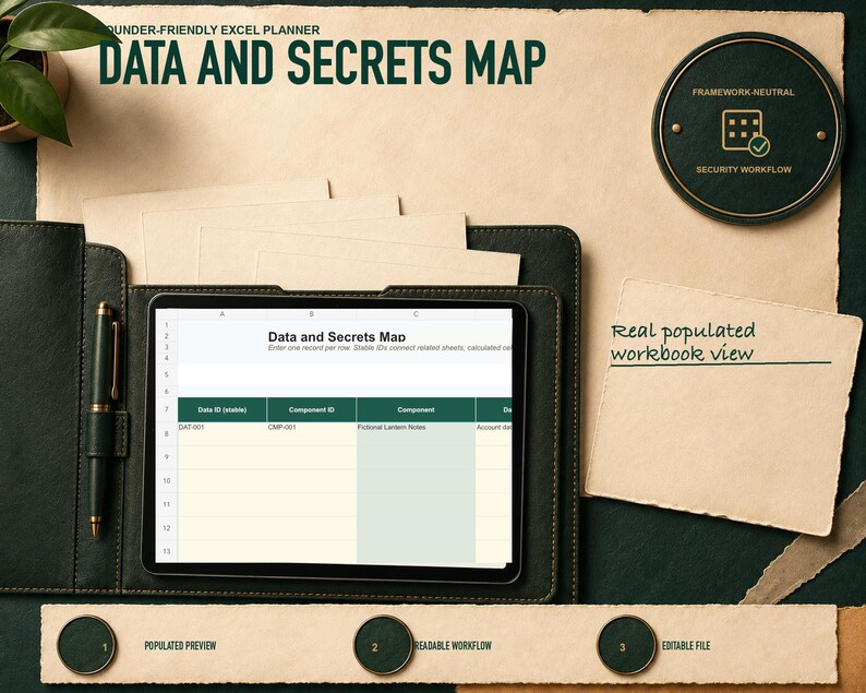 Data and secrets map shown as a real worksheet preview from the Vibe-Coded App Security Launch Planner workbook, with fictional records and visible workflow structure.