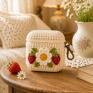 Puede incluir: Una funda de ganchillo color crema para auriculares inalámbricos que presenta una margarita blanca central con centro amarillo, flanqueada por dos pequeñas fresas rojas con hojas verdes. La funda incluye un mosquetón de metal color bronce.