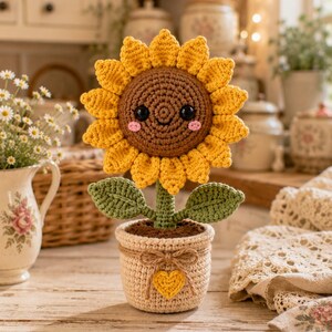 May include: A crocheted sunflower in a beige pot with a small yellow heart accent and a twine bow. The sunflower has a brown centre with black eyes, pink cheeks, and a smiling mouth, surrounded by bright yellow petals and two green leaves.