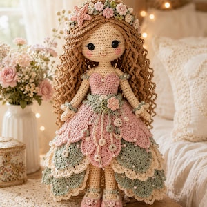 May include: A handcrafted crochet doll with long wavy brown yarn hair, wearing a floral crown with a starfish accent. The doll features a multi-layered dress in shades of pink, sage green, and cream, adorned with small white beads and matching shoes.