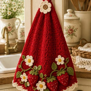 May include: A red crocheted hanging kitchen towel featuring a decorative top loop with a cream-colored flower and a brown button. The bottom edge is adorned with three-dimensional crocheted strawberries, green leaves, and white flowers.
