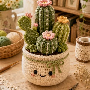 May include: A crocheted cactus arrangement in a cream-coloured pot with a smiling face and a green bow. The display features three green cacti with textured white stitching, topped with small pink and yellow crocheted flowers, all crafted from yarn.