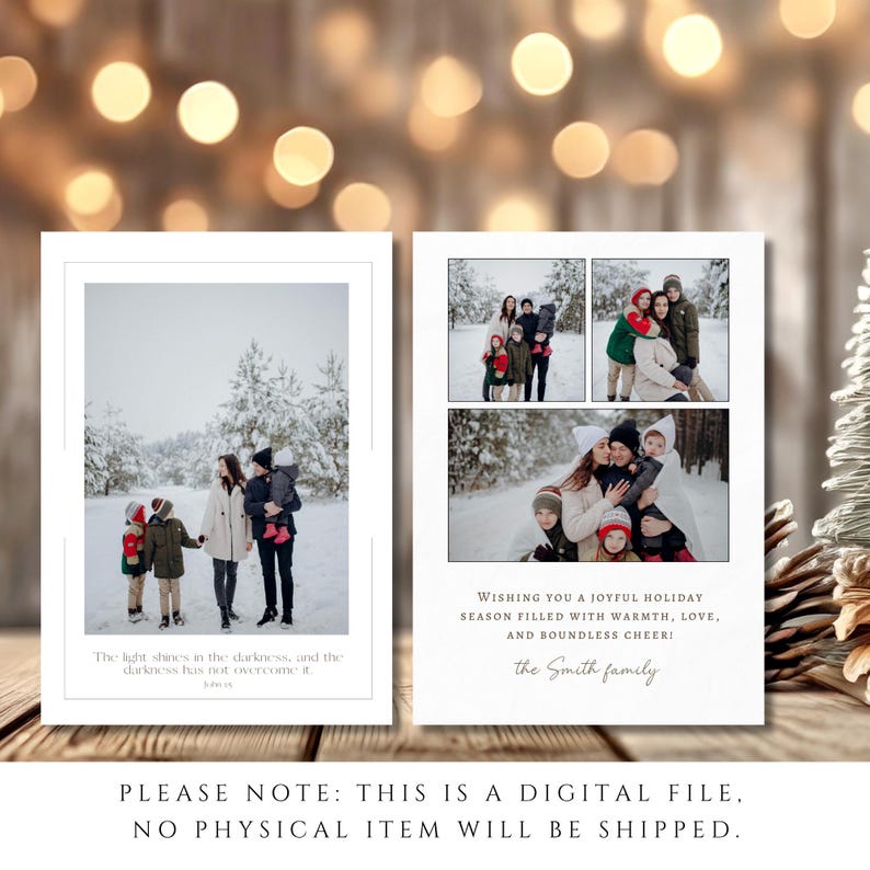 May include: Two holiday cards with family photos. One card features a family in a snowy forest with text. The other card has three family photos and the text: "Wishing you a joyful holiday season filled with warmth, love, and boundless cheer!"