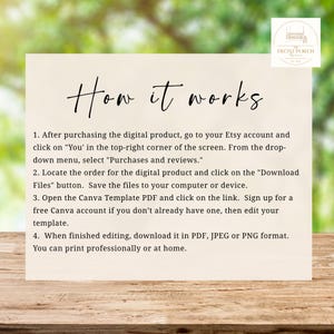 以下が含まれることがあります： 「How it works」というテキストがエレガントな筆記体で書かれたベージュ色のカード。 Etsyからデジタル製品をダウンロードして編集する方法について、Canvaテンプレートとファイル形式の手順を含む説明が記載されています。