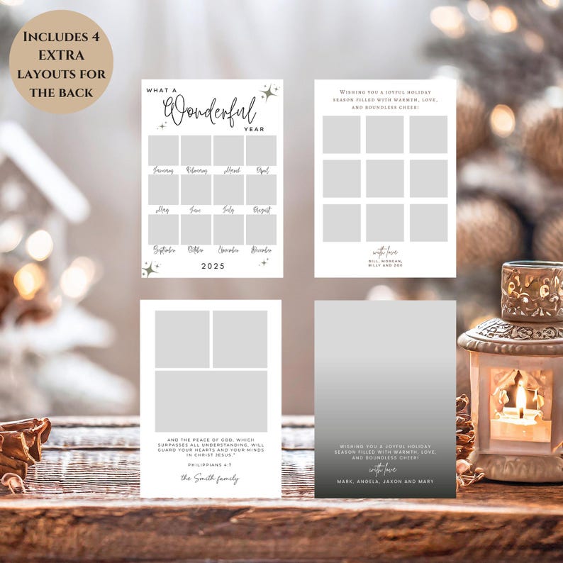 May include: A collection of four holiday card layouts. One card features the text "What a Wonderful Year" with spaces for photos and the year 2025. Other cards include holiday greetings and space for photos.