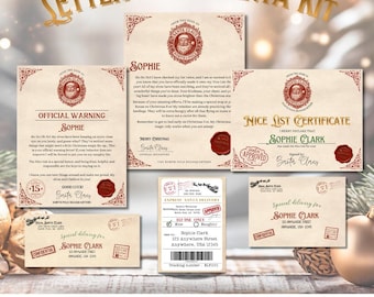 May include: A digital Letter from Santa Kit with various documents, including a letter, certificate, and warning, all featuring festive designs and the name "Sophie." The kit includes a North Pole Headquarters seal and a "Special Delivery" envelope.