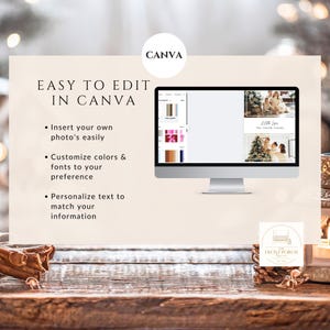 May include: A computer monitor displays a Canva interface with family photos. Text on the screen reads "Easy to Edit in Canva." The image highlights features like inserting photos, customizing colors and fonts, and personalizing text.