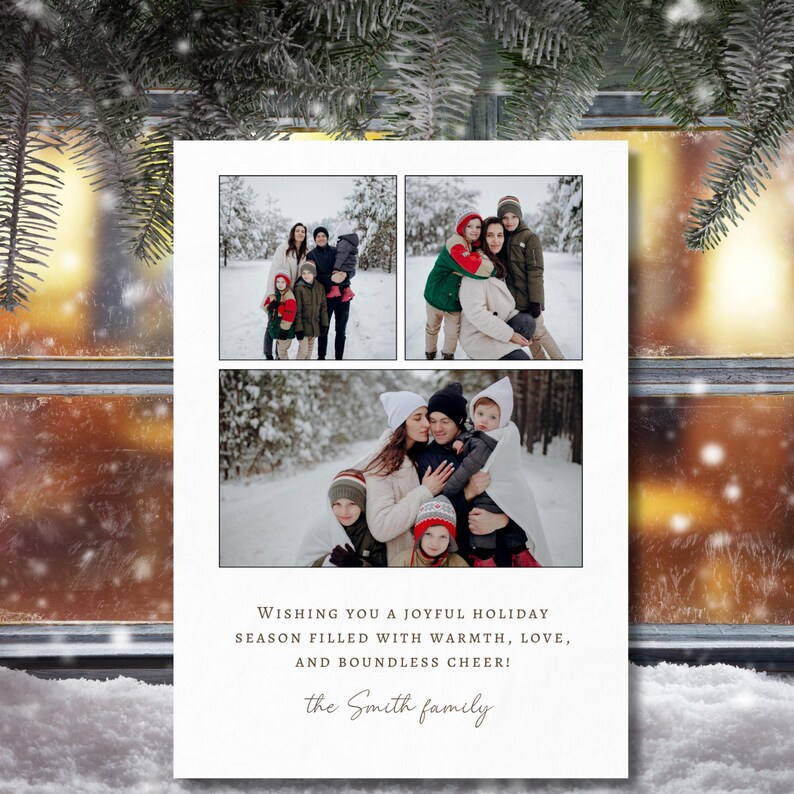May include: A holiday greeting card featuring three family photos in a snowy outdoor setting. The card includes the text "Wishing you a joyful holiday season filled with warmth, love, and boundless cheer!" and the family name.