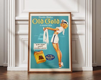 May include: A framed vintage poster advertising Old Gold Cigarettes. The poster shows a woman in a sailor outfit, holding a white scarf, with the text "Double-Mellow Old Gold Cigarettes". A cigarette packet is also visible.