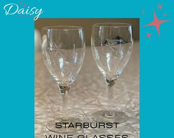 Vintage Starburst Etched Wine Glasses Set of 2 | Mid Century Modern Atomic Glassware