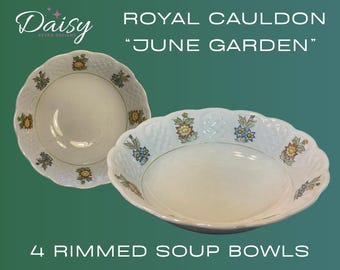 Set of 4 Vintage Royal Cauldon “June Garden” Rimmed Soup Bowls – 1940s English Ironstone